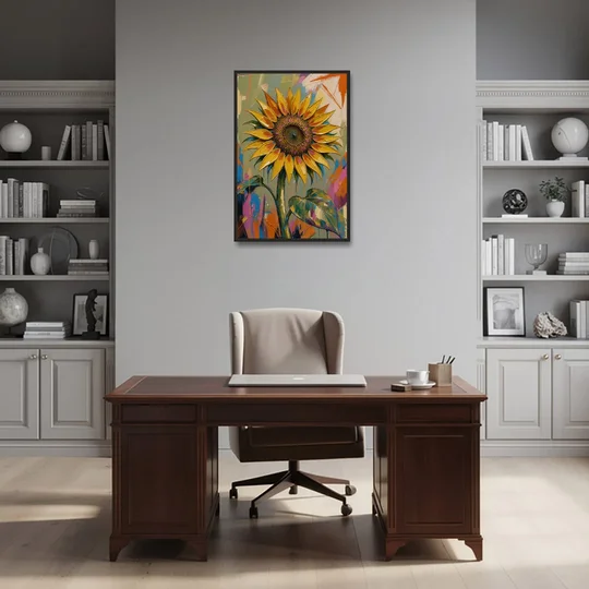 Turning Sunflower in Mustard Yellow for the Living Room - Black Framed Canvas Wall Art - Office - 24x36