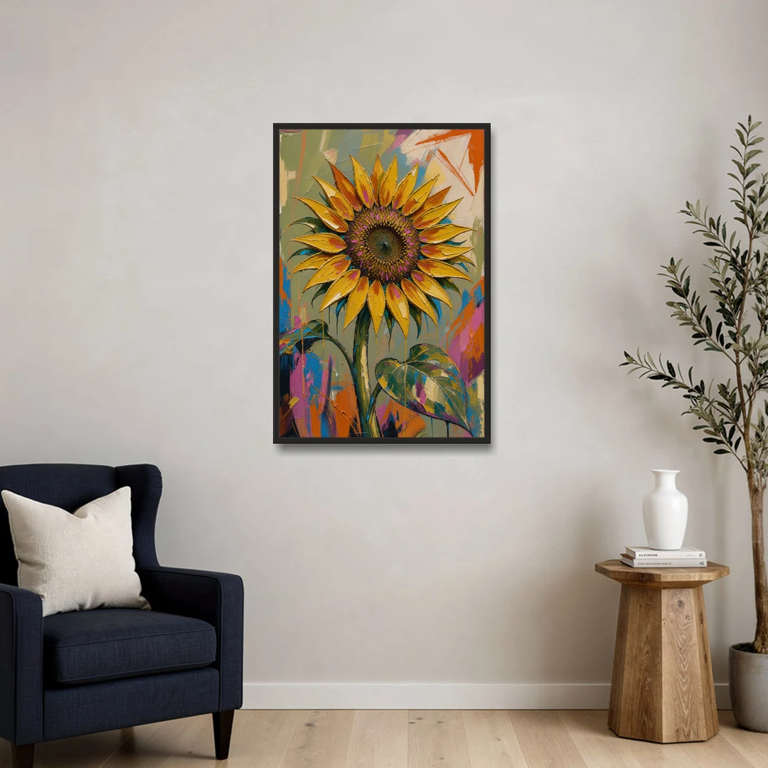 Turning Sunflower in Mustard Yellow for the Living Room - Black Framed Canvas Wall Art - Sofa - 24x36