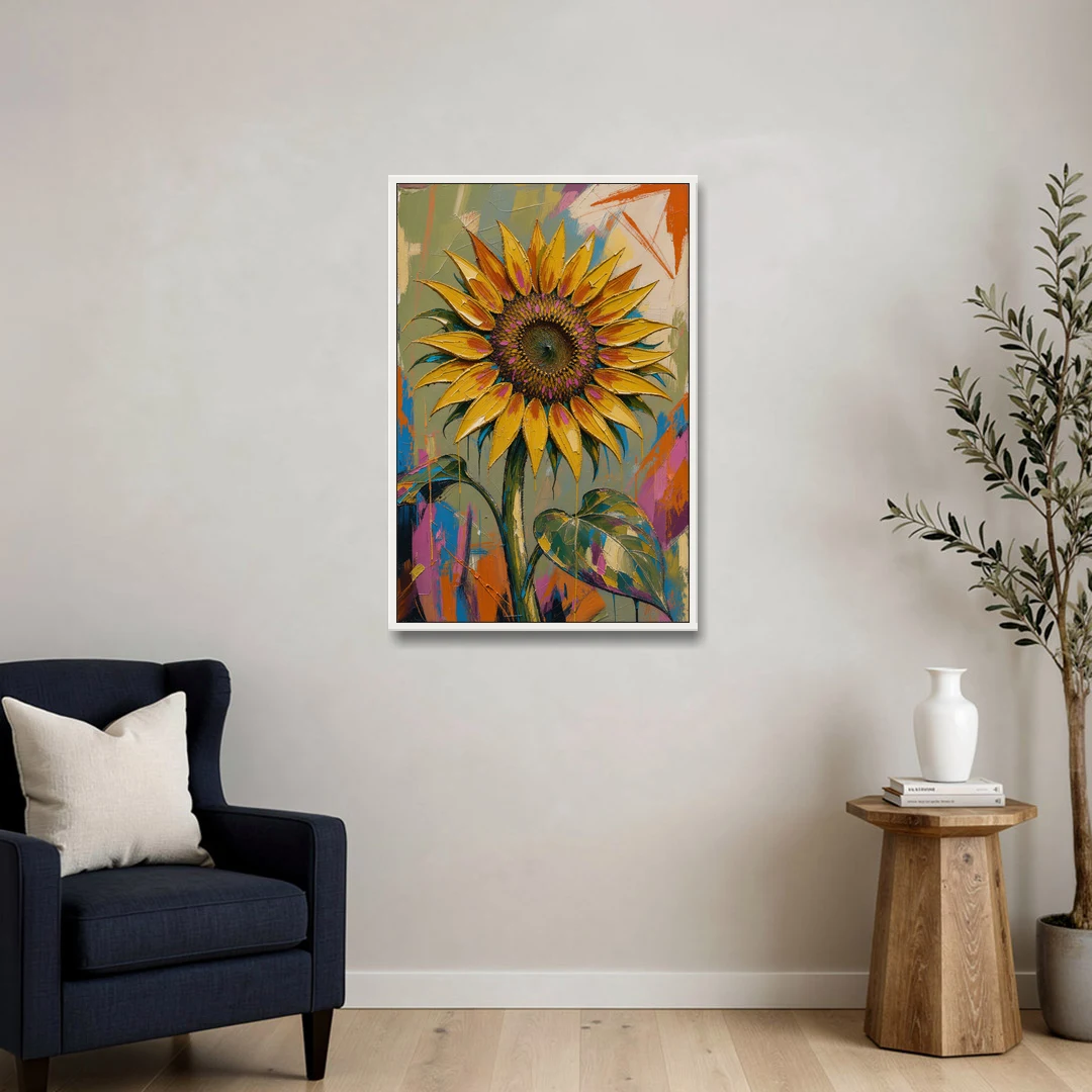 Turning Sunflower in Mustard Yellow for the Living Room - White Framed Canvas Wall Art - Sofa - 24x36