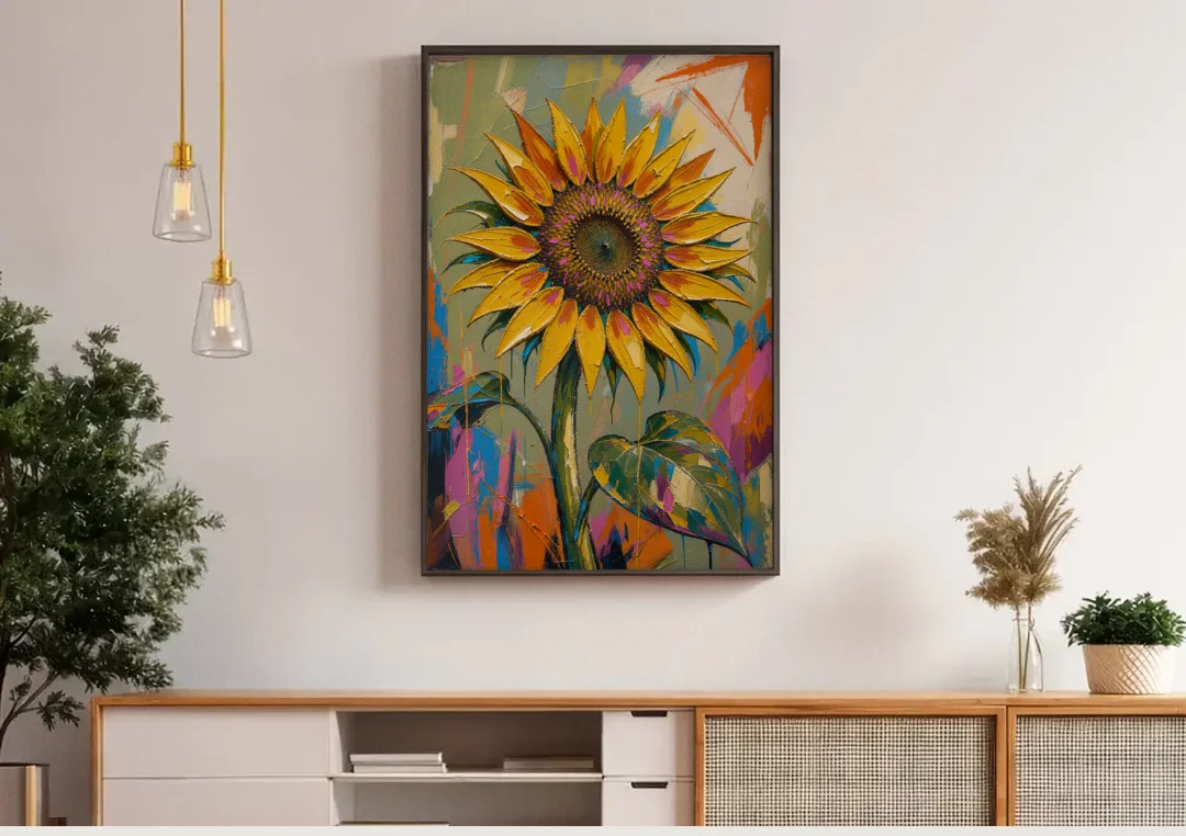 Turning Sunflower in Mustard Yellow for the Living Room canvas wall art above a wooden sideboard under pendant lights
