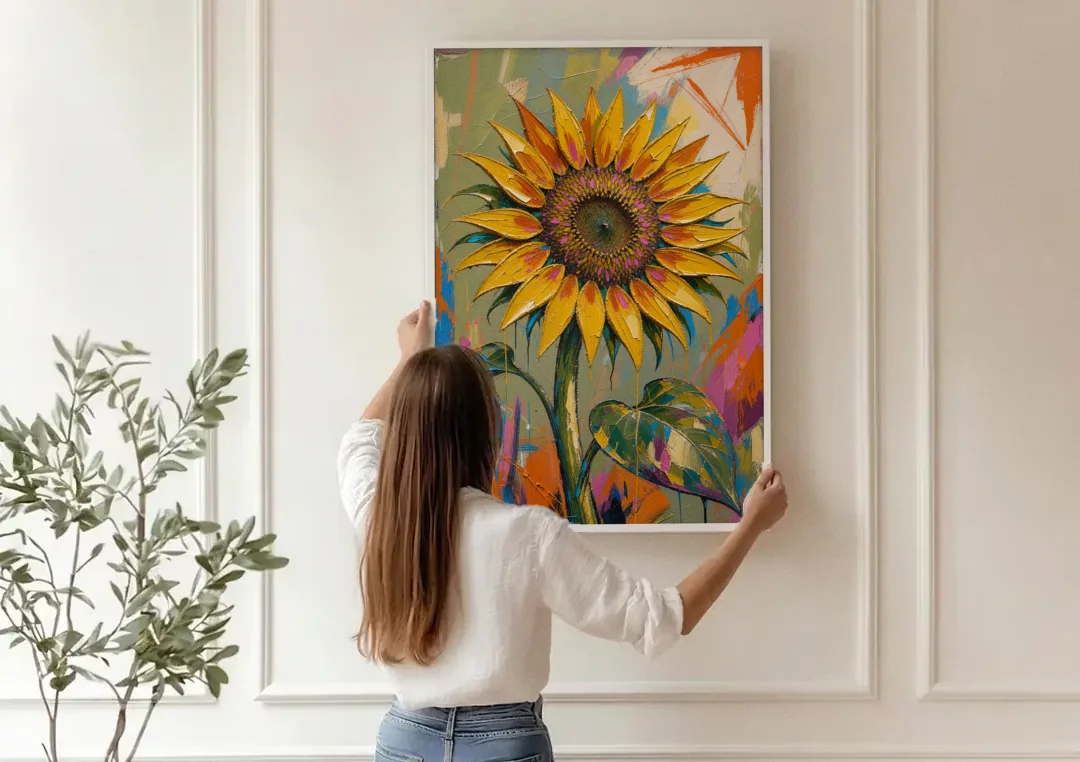 Turning Sunflower in Mustard Yellow for the Living Room canvas wall art being hung on a paneled wall