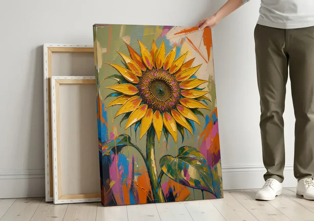 Turning Sunflower in Mustard Yellow for the Living Room canvas wall art leaning against a wall next to blank canvases