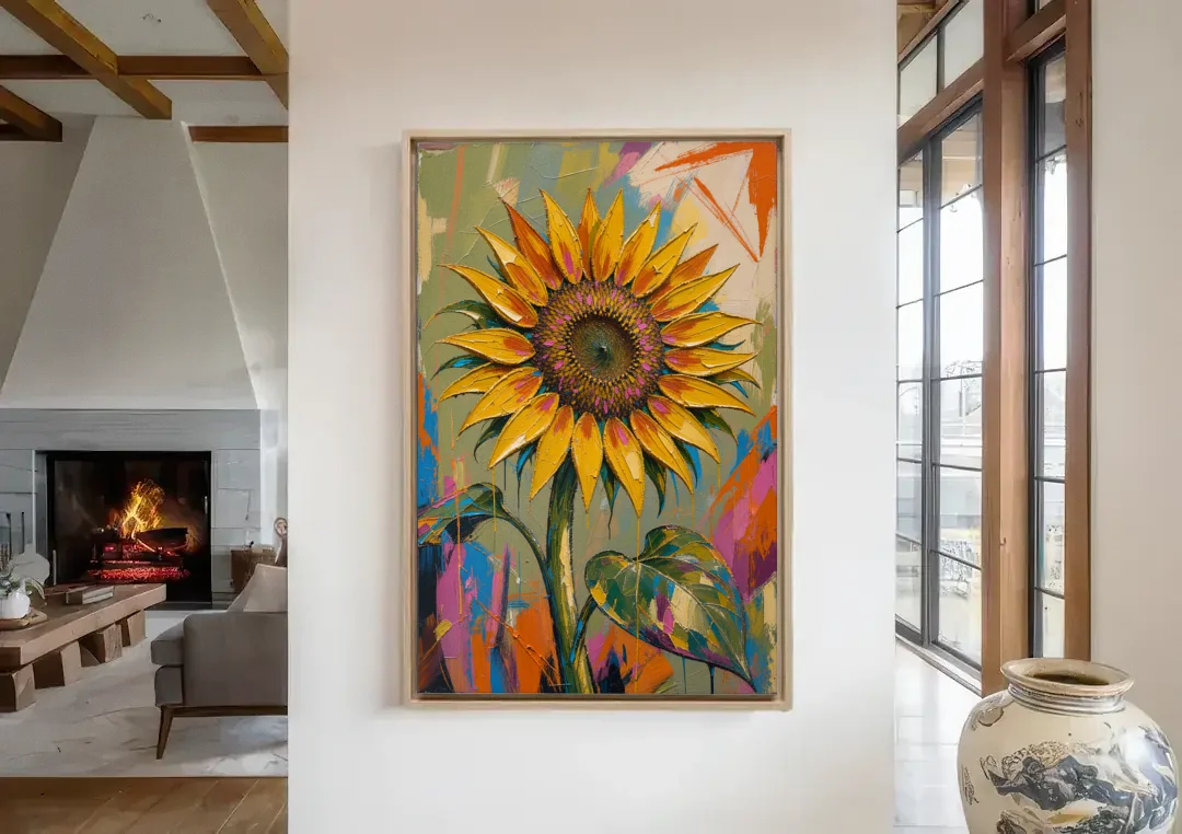Turning Sunflower in Mustard Yellow for the Living Room canvas wall art in a living room with a fireplace