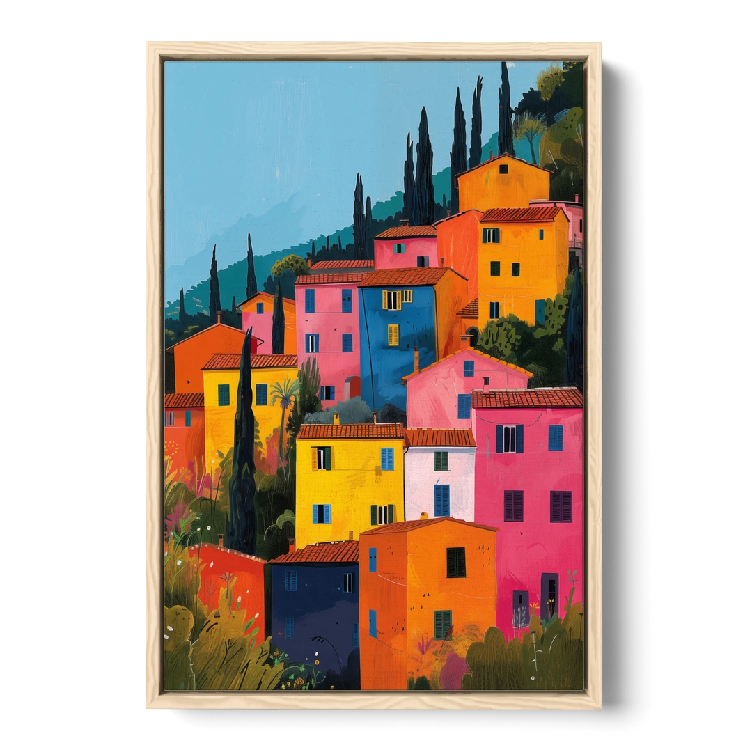Tuscan Art of Colorful Hill Houses - Oak Framed Canvas Wall Art - Front