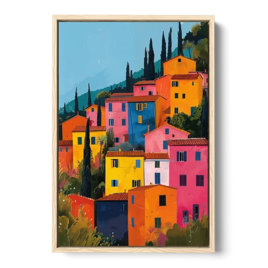 Tuscan Art of Colorful Hill Houses - Oak Framed Canvas Wall Art - Front