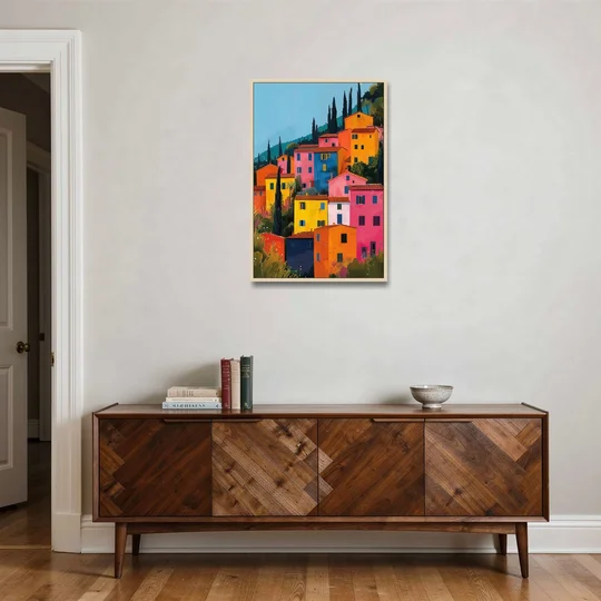 Tuscan Art of Colorful Hill Houses - Oak Framed Canvas Wall Art - Coffee Table - 24x36