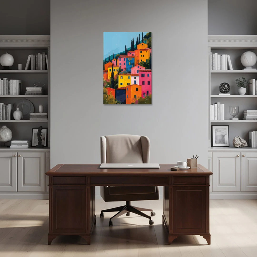 Tuscan Art of Colorful Hill Houses - Canvas Wall Art - Office - 24x36