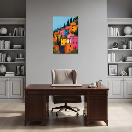 Tuscan Art of Colorful Hill Houses - Canvas Wall Art - Office - 24x36