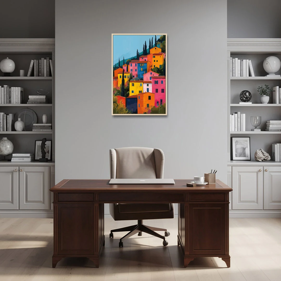 Tuscan Art of Colorful Hill Houses - Oak Framed Canvas Wall Art - Office - 24x36