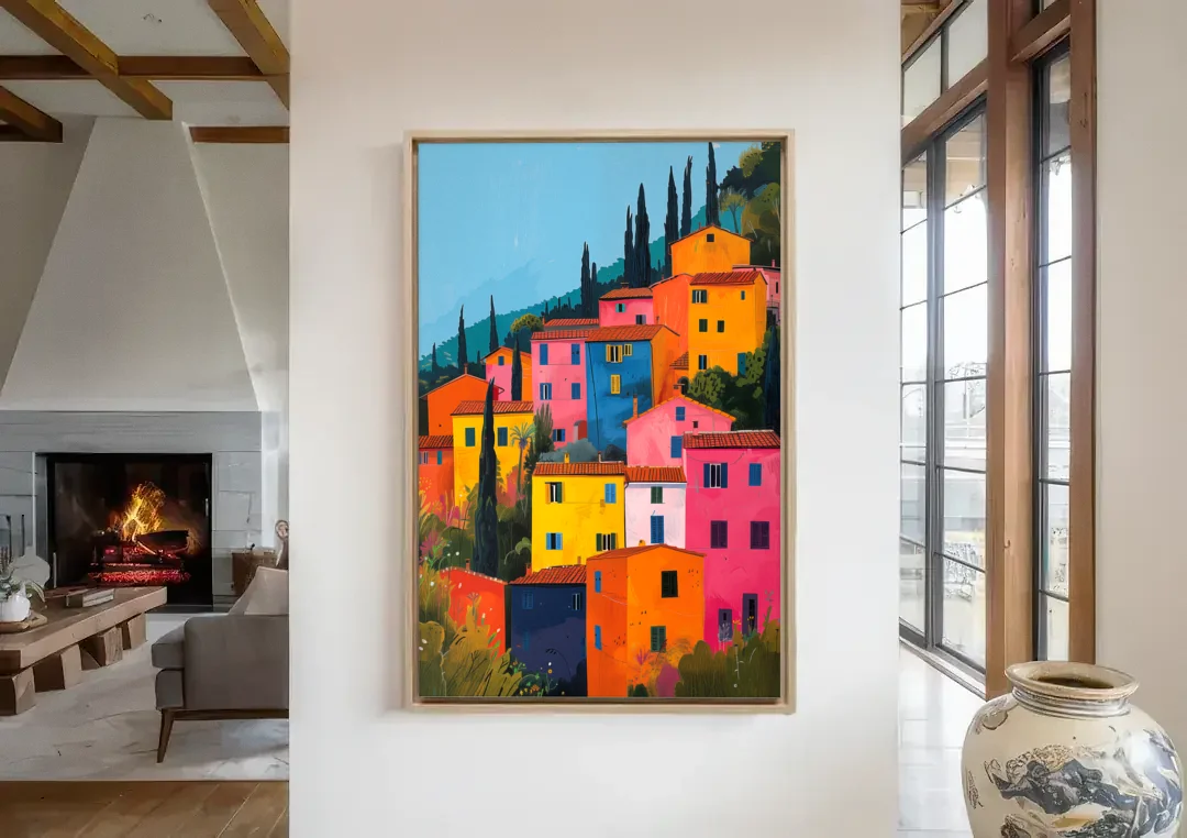 Tuscan Art of Colorful Hill Houses canvas wall art in a living room with a fireplace