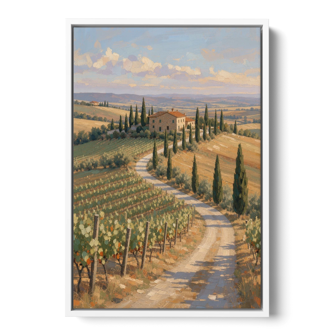 Tuscan Cypress Road to the Farmhouse - White Framed Canvas Wall Art - Front