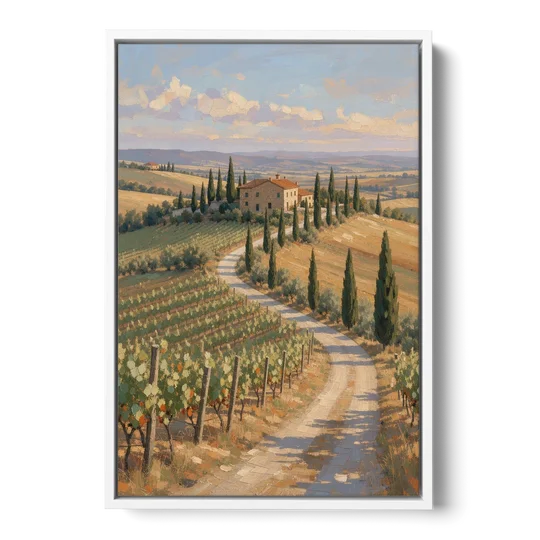 Tuscan Cypress Road to the Farmhouse - White Framed Canvas Wall Art - Front