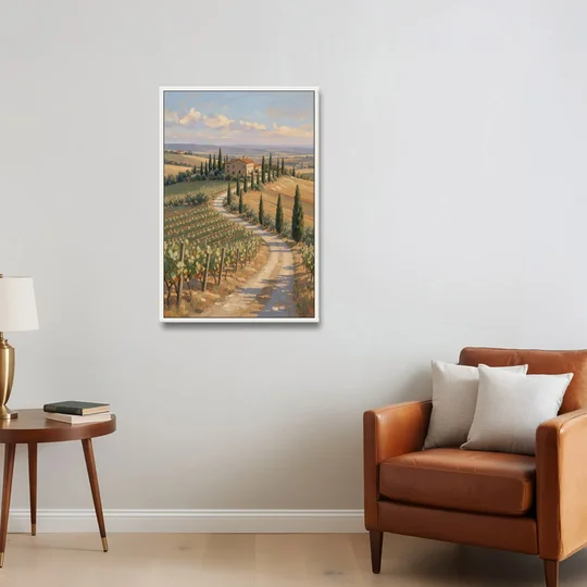 Tuscan Cypress Road to the Farmhouse - White Framed Canvas Wall Art - Sofa - 24x36