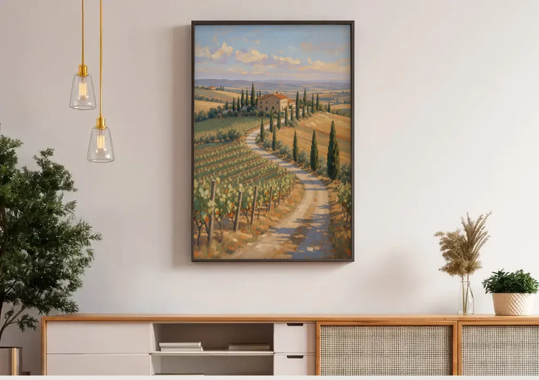 Tuscan Cypress Road to the Farmhouse canvas wall art above a wooden sideboard under pendant lights
