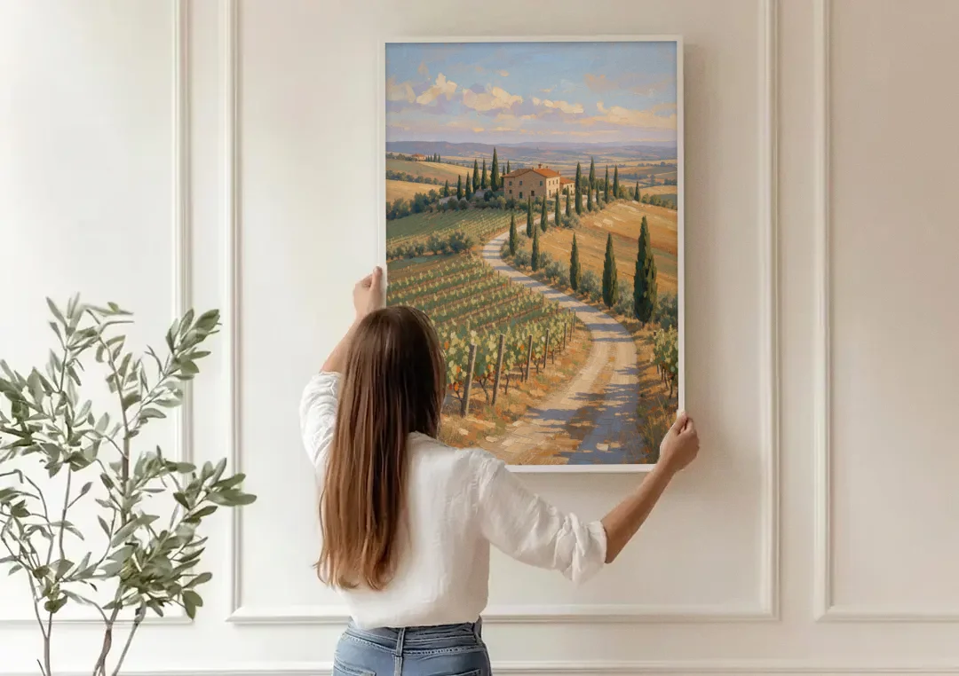 Tuscan Cypress Road to the Farmhouse canvas wall art being hung on a paneled wall