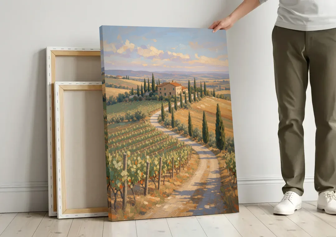 Tuscan Cypress Road to the Farmhouse canvas wall art leaning against a wall next to blank canvases