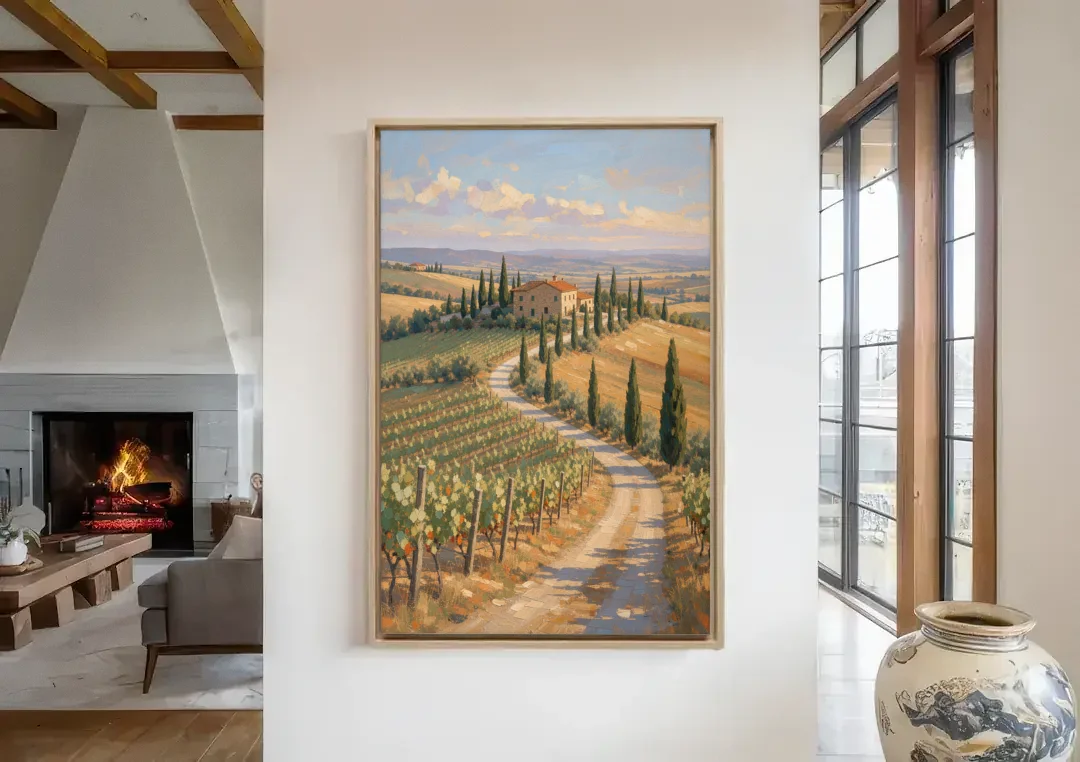 Tuscan Cypress Road to the Farmhouse canvas wall art in a living room with a fireplace