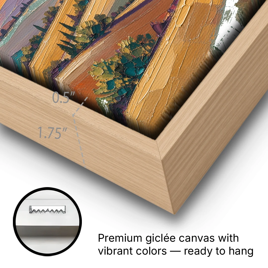 Tuscan Landscape Painting of Farmhouse Crest - Oak Framed Canvas Wall Art - Gallery Wrap Corner