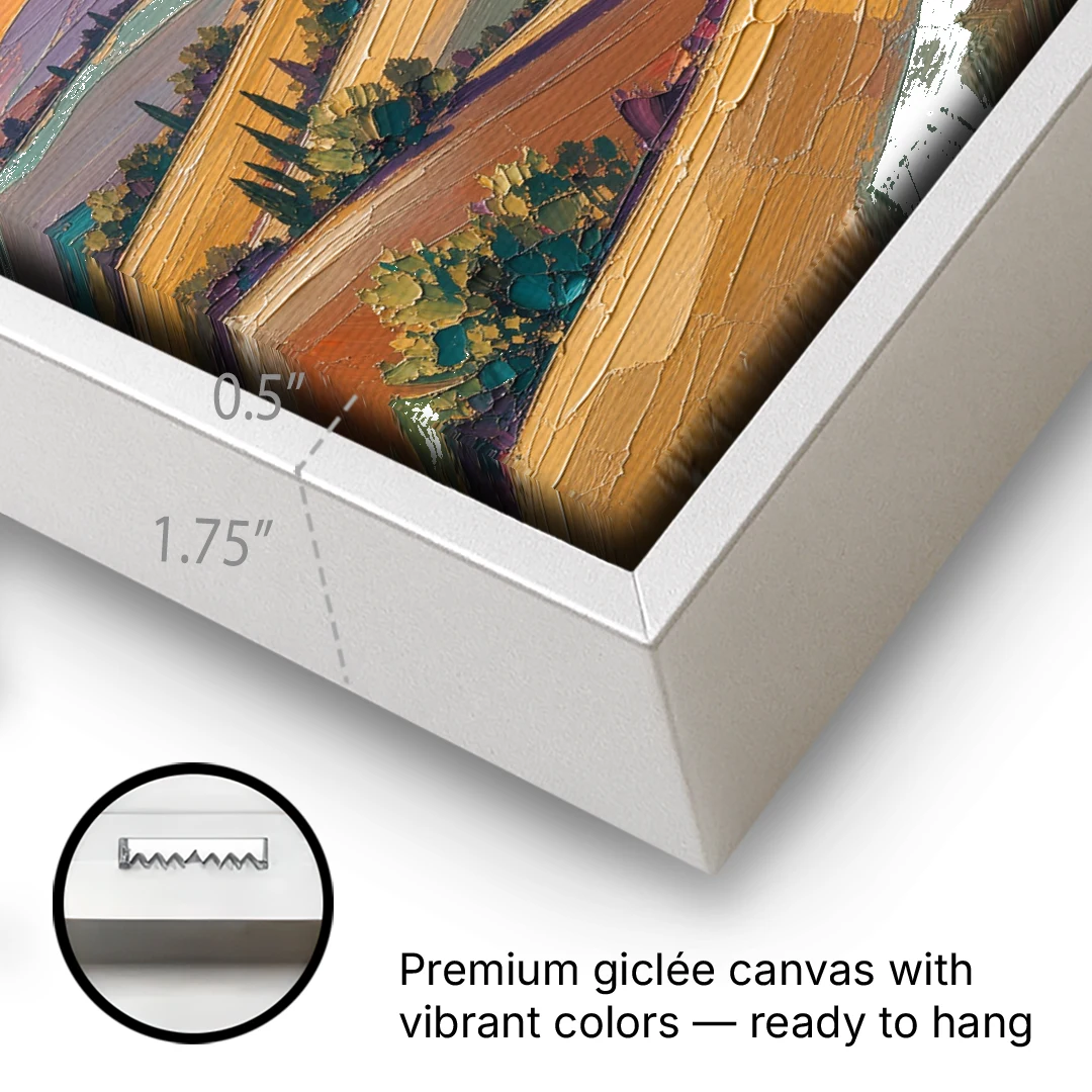Tuscan Landscape Painting of Farmhouse Crest - White Framed Canvas Wall Art - Gallery Wrap Corner