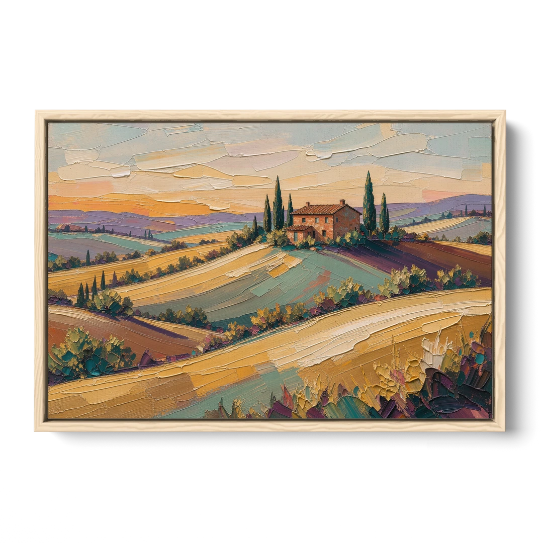 Tuscan Landscape Painting of Farmhouse Crest - Oak Framed Canvas Wall Art - Front