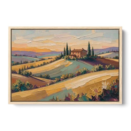 Tuscan Landscape Painting of Farmhouse Crest - Oak Framed Canvas Wall Art - Front