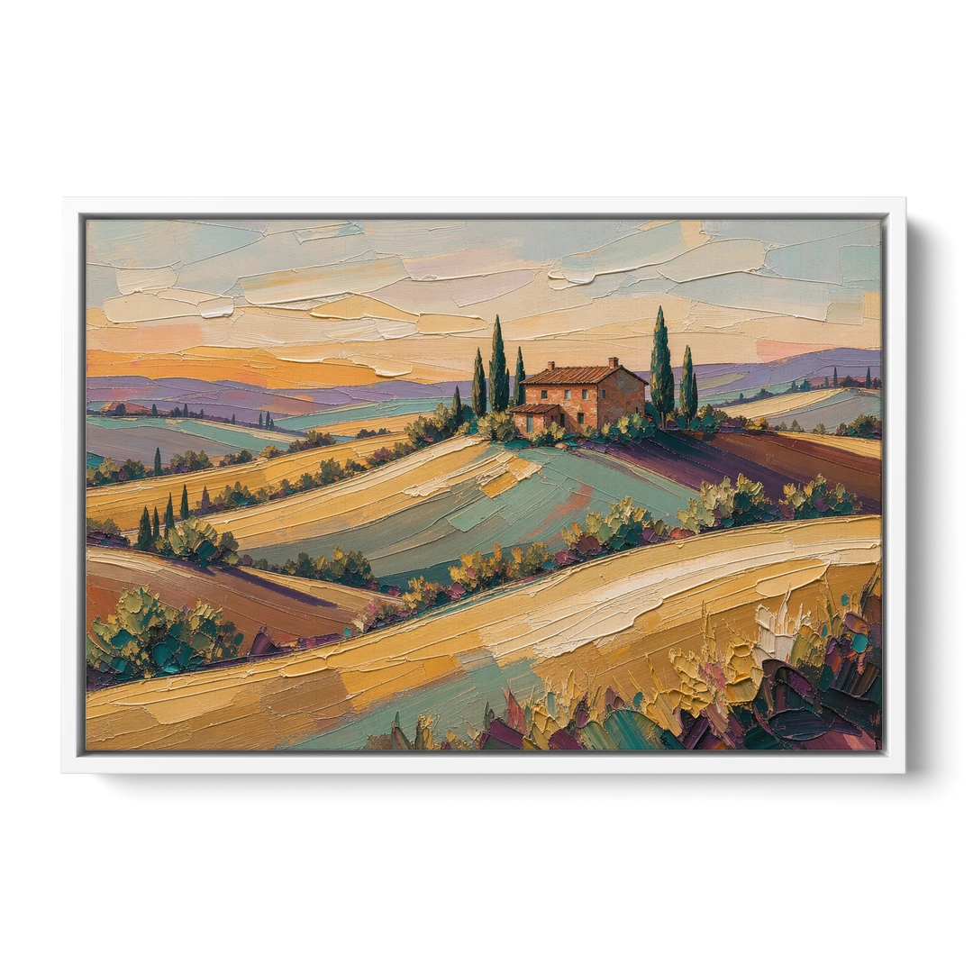 Tuscan Landscape Painting of Farmhouse Crest - White Framed Canvas Wall Art - Front
