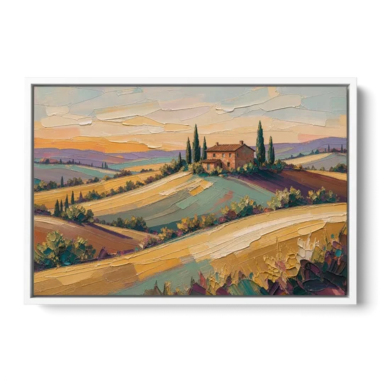 Tuscan Landscape Painting of Farmhouse Crest - White Framed Canvas Wall Art - Front