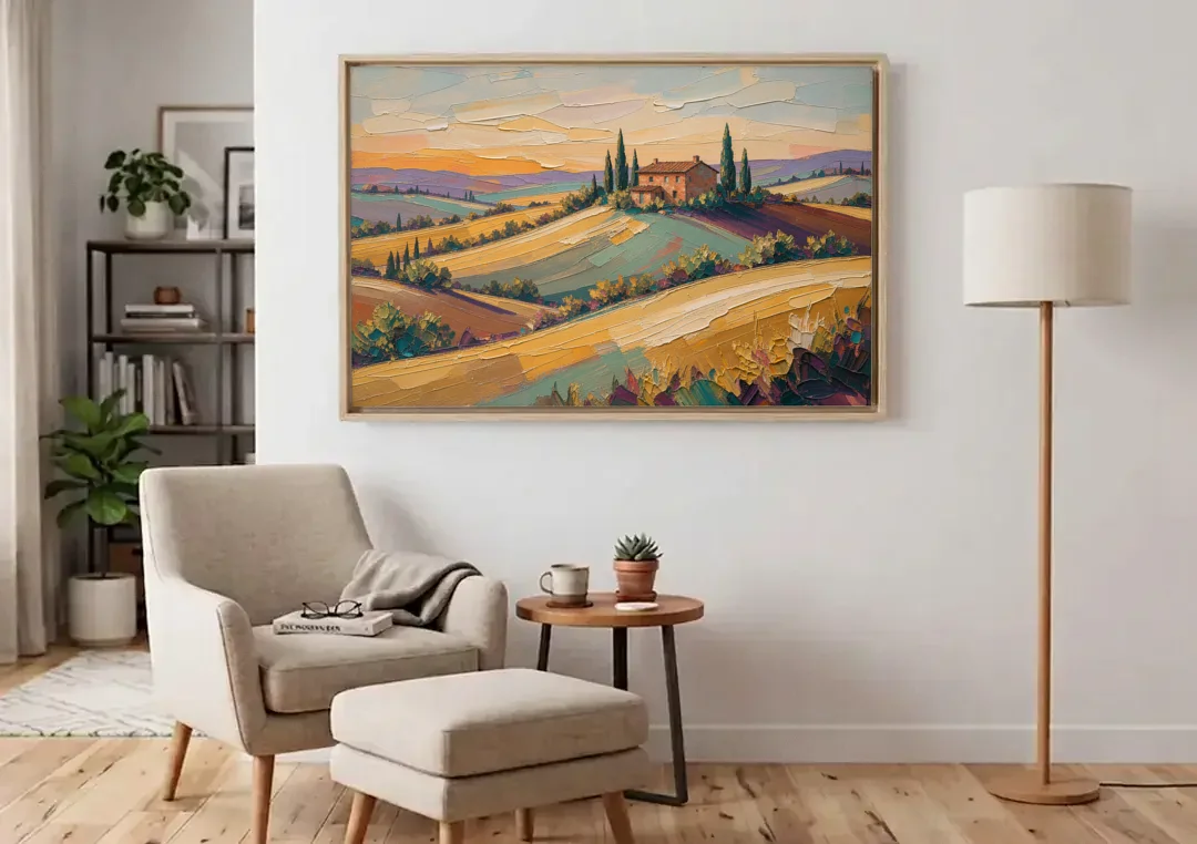 Tuscan Landscape Painting of Farmhouse Crest canvas wall art above an armchair in a bright living room
