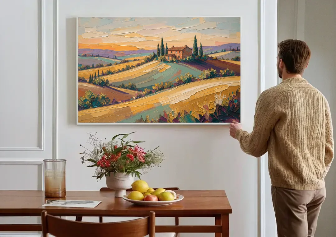 Tuscan Landscape Painting of Farmhouse Crest canvas wall art above a dining table