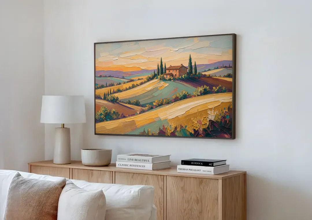 Tuscan Landscape Painting of Farmhouse Crest canvas wall art above a wooden sideboard next to a sofa