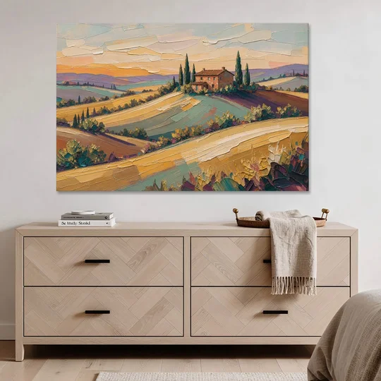 Tuscan Landscape Painting of Farmhouse Crest - Canvas Wall Art - Coffee Table - 60x40