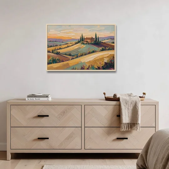 Tuscan Landscape Painting of Farmhouse Crest - Oak Framed Canvas Wall Art - Coffee Table - 36x24