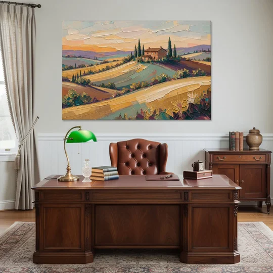 Tuscan Landscape Painting of Farmhouse Crest - Canvas Wall Art - Office - 60x40