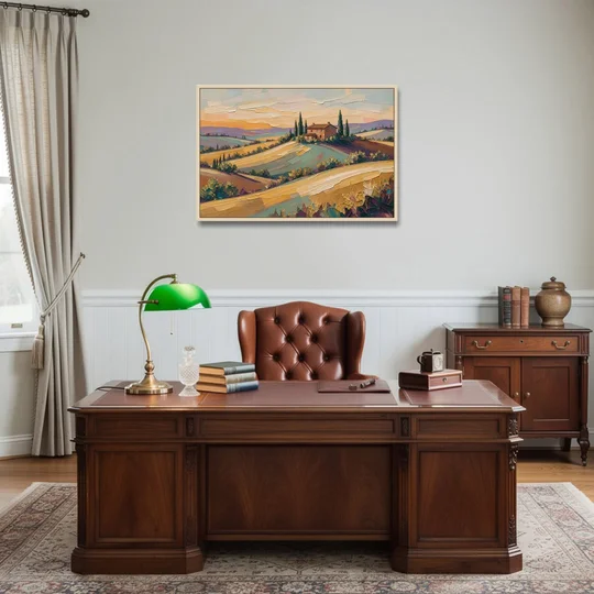 Tuscan Landscape Painting of Farmhouse Crest - Oak Framed Canvas Wall Art - Office - 36x24