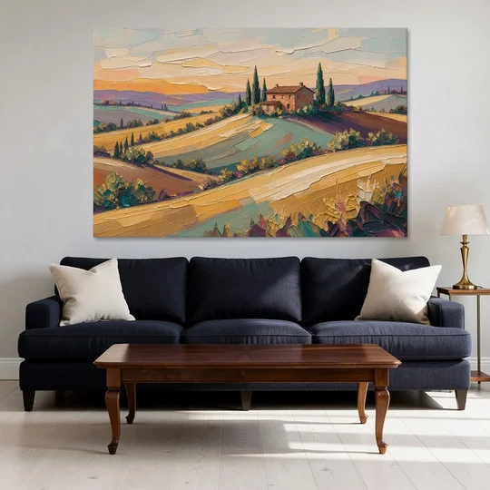 Tuscan Landscape Painting of Farmhouse Crest - Canvas Wall Art - Sofa - 60x40