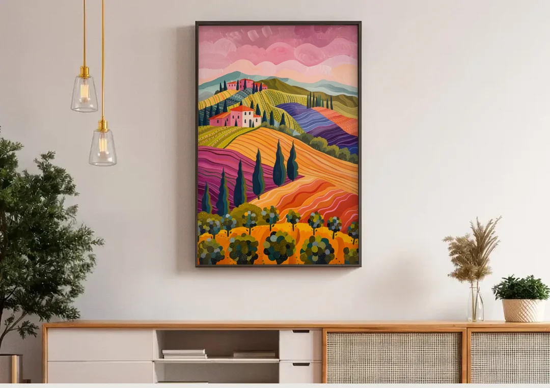 Tuscany Art of Rolling Hills in Pink canvas wall art above a wooden sideboard under pendant lights