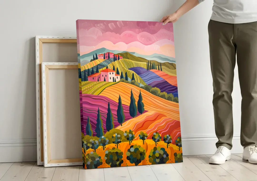 Tuscany Art of Rolling Hills in Pink canvas wall art leaning against a wall next to blank canvases