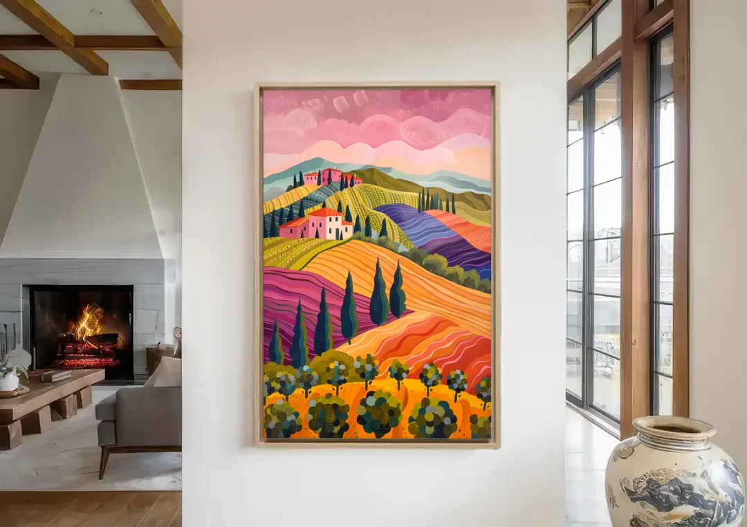 Tuscany Art of Rolling Hills in Pink canvas wall art in a living room with a fireplace