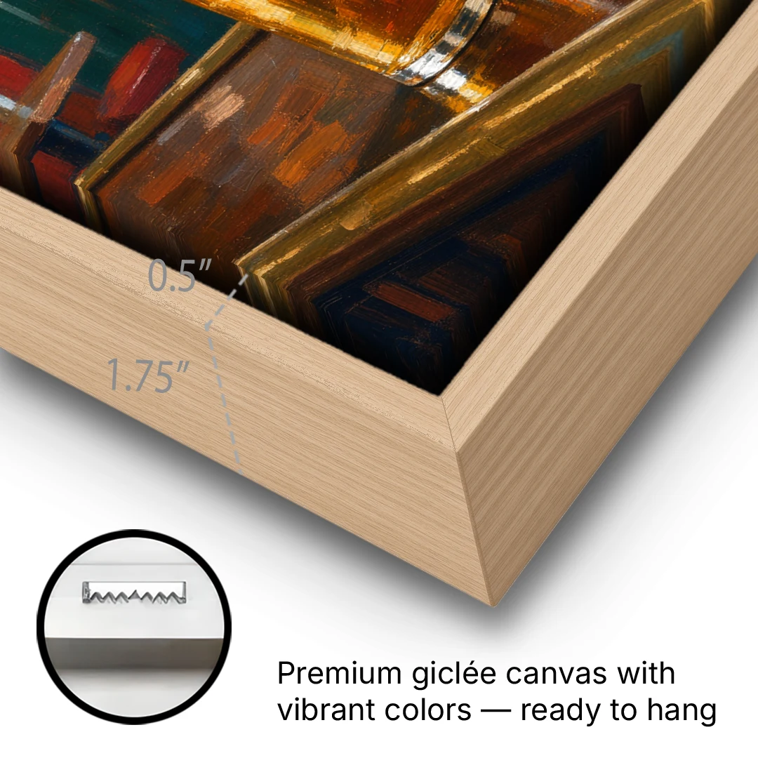 Two Amber Pints at the Brass Rail for the Pub - Oak Framed Canvas Wall Art - Gallery Wrap Corner