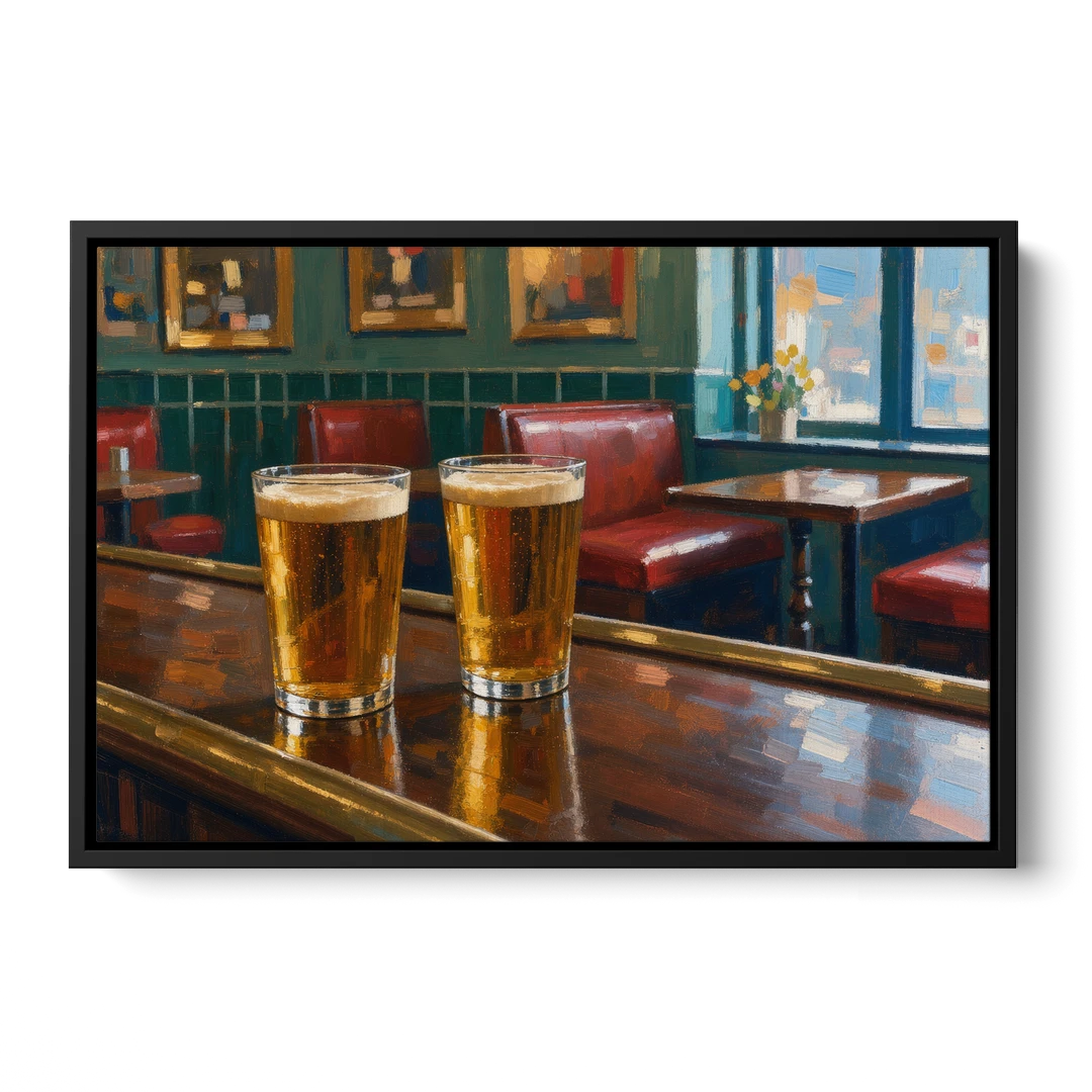 Two Amber Pints at the Brass Rail for the Pub - Black Framed Canvas Wall Art - Front