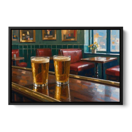 Two Amber Pints at the Brass Rail for the Pub - Black Framed Canvas Wall Art - Front