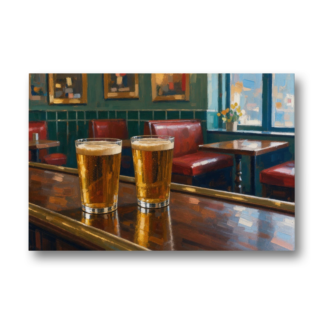 Two Amber Pints at the Brass Rail for the Pub - Canvas Wall Art - Front