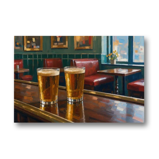 Two Amber Pints at the Brass Rail for the Pub - Canvas Wall Art - Front