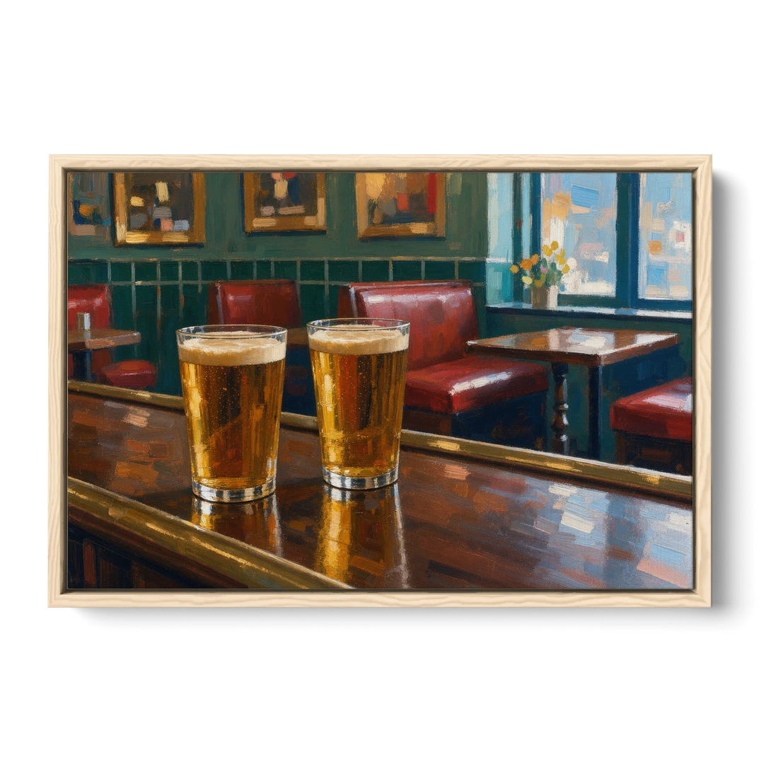 Two Amber Pints at the Brass Rail for the Pub - Oak Framed Canvas Wall Art - Front