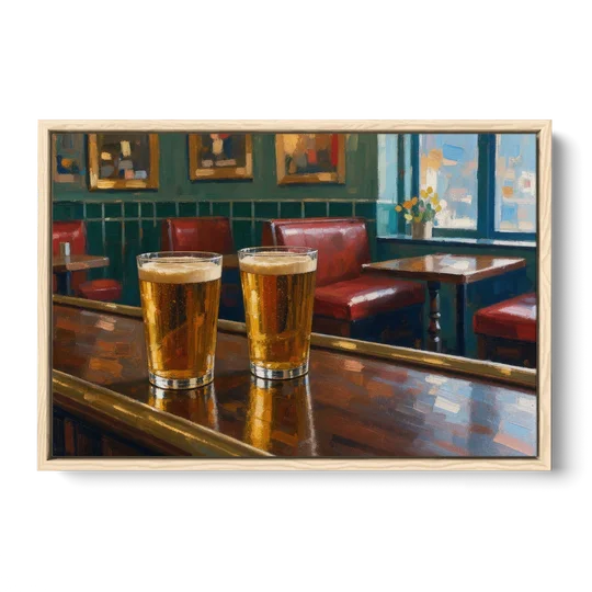 Two Amber Pints at the Brass Rail for the Pub - Oak Framed Canvas Wall Art - Front