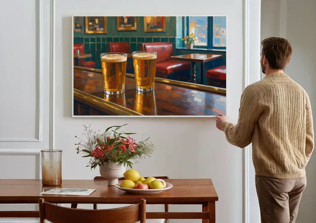 Two Amber Pints at the Brass Rail for the Pub canvas wall art above a dining table