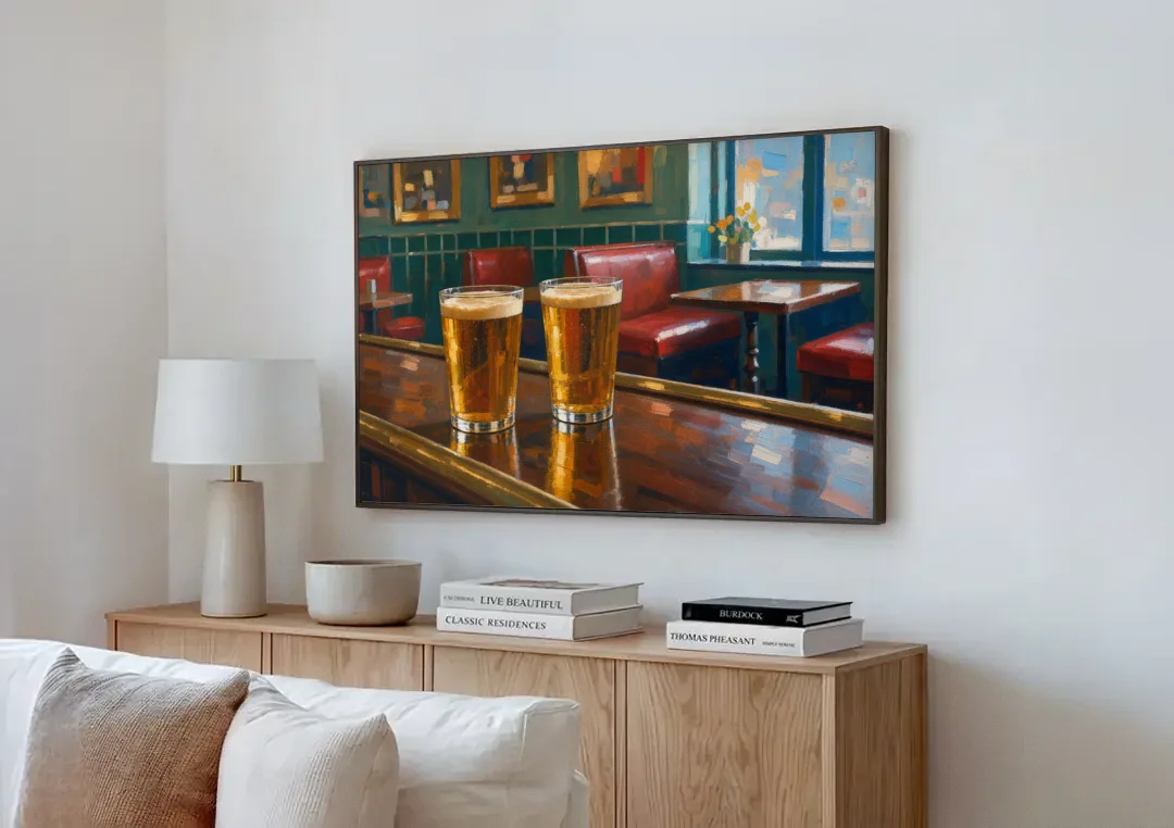 Two Amber Pints at the Brass Rail for the Pub canvas wall art above a wooden sideboard next to a sofa