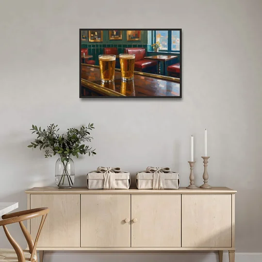 Two Amber Pints at the Brass Rail for the Pub - Black Framed Canvas Wall Art - Coffee Table - 36x24