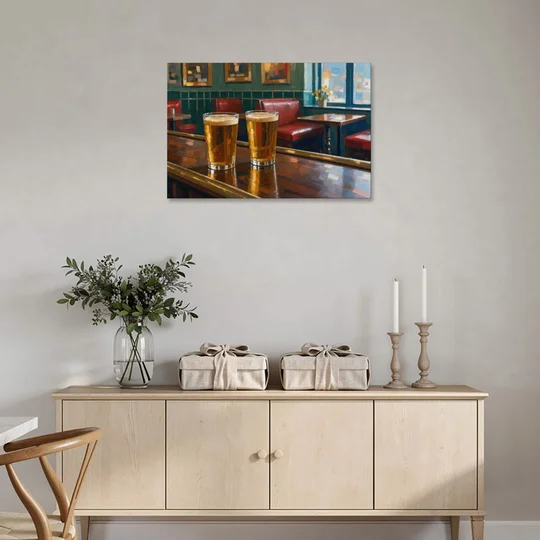 Two Amber Pints at the Brass Rail for the Pub - Canvas Wall Art - Coffee Table - 36x24