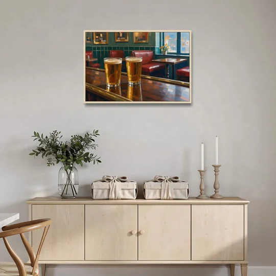 Two Amber Pints at the Brass Rail for the Pub - Oak Framed Canvas Wall Art - Coffee Table - 36x24